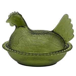 Vtg 70’s Indiana Glass Hen On A Nest Olive Green 7 X 5” Two Pieces Covered Dish